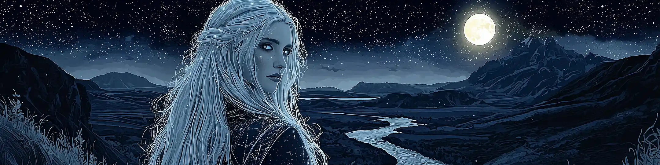 Anne the Oracle, a white-haired stargazer, looking back over her shoulder beneath a full moon and starry sky, a river winding through dark mountains behind her